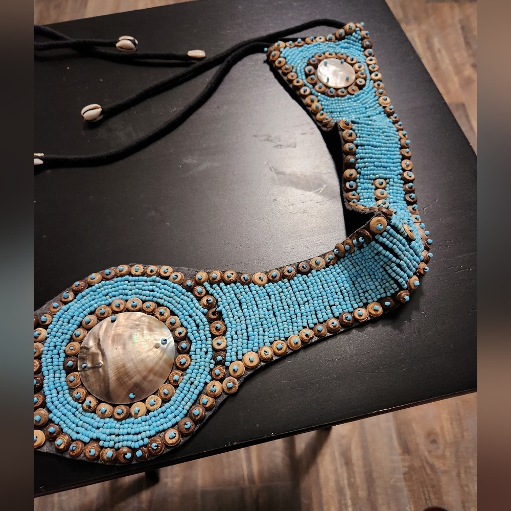 Beaded Turquoise and Brown Belt with Shell Accents - Picture 3 of 8